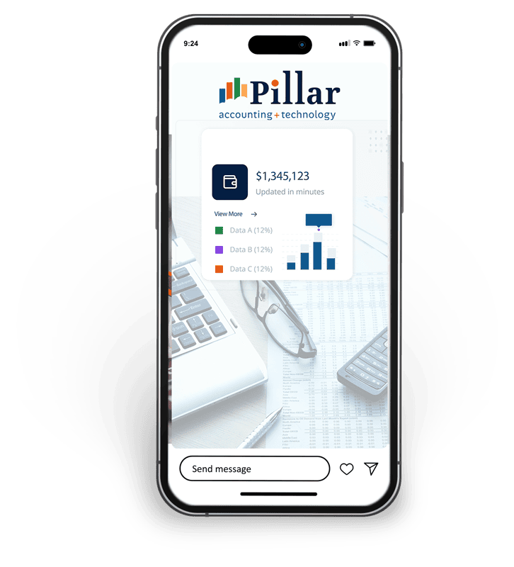 Pillar accounting and technology app interface on smartphone screen.