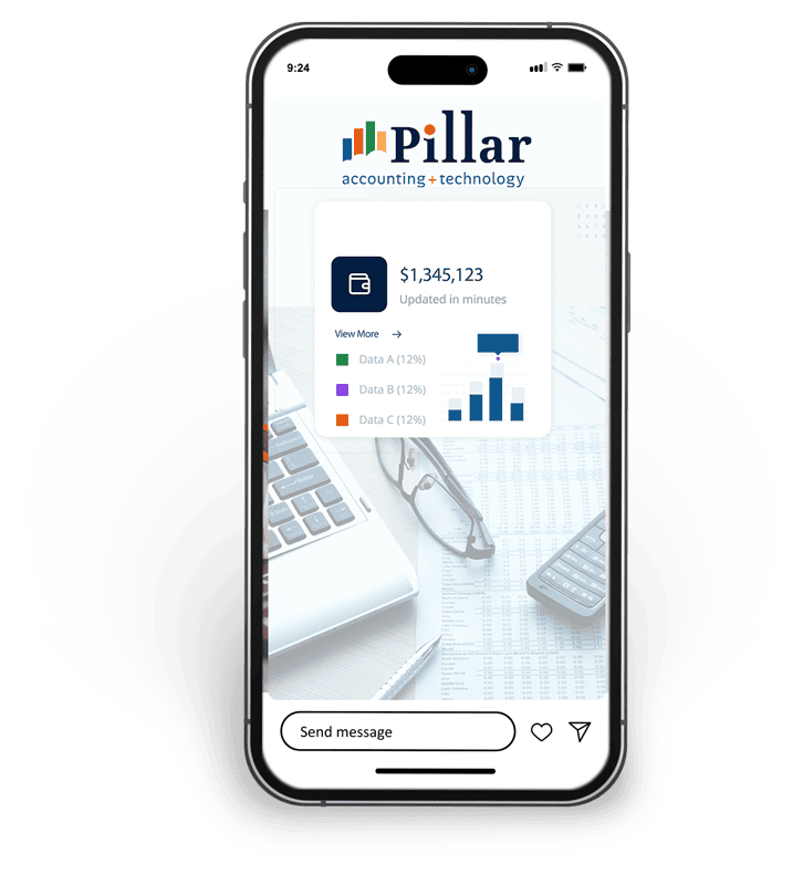 Pillar accounting and technology app interface on smartphone screen.