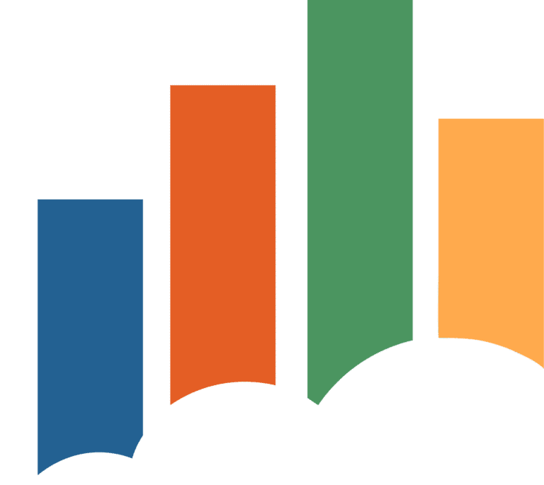 Bar chart with four vertical bars in blue, orange, green, and yellow.