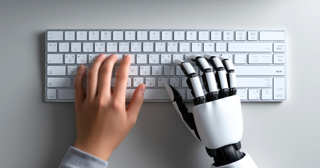 accounting automation, robot hand and human hand on keyboard