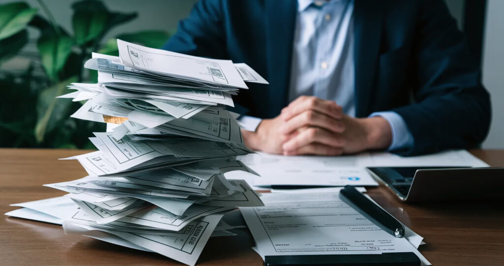 How do accounts receivable outsourcing services work, stack of invoices on desk