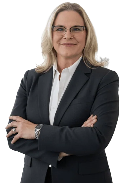 A woman in a dark blazer and white shirt, smiling confidently with arms crossed.